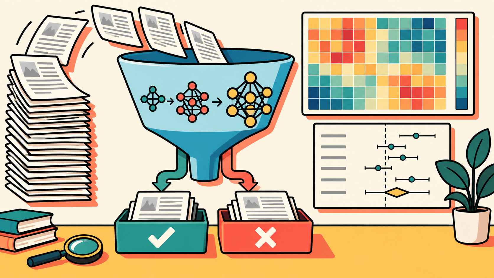 Illustration of research papers flowing through small, medium, and large model nodes and being sorted into include and exclude trays